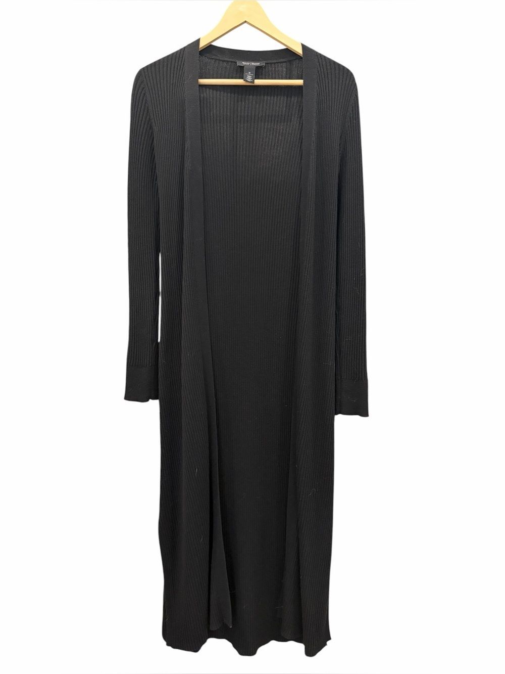 White House Black Market Ribbed Long Duster Cardigan WHBM Open Front Black M - Picture 3 of 12